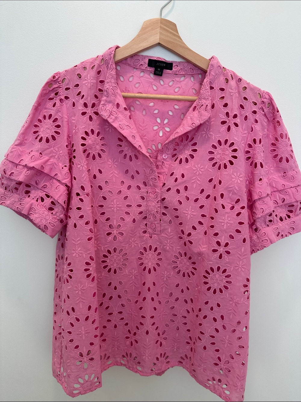 J.Crew Bright Pink Eyelet Embroidered Ruffle Sleeve Top Size M